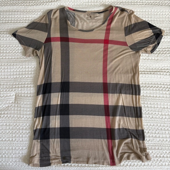 Burberry Women’s Tan and Red Plaid Tee Shirt - Picture 1 of 5